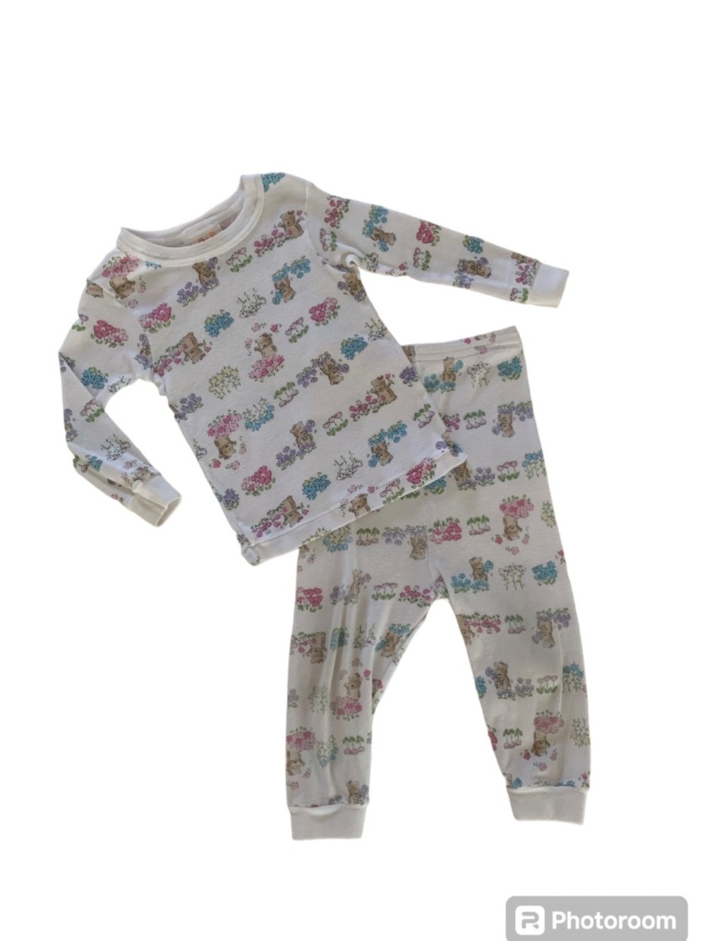 VTG Carter’s Girls 12-18M Pajama Set 2 Piece White Floral Teddy Bear Snug Fit